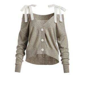 Cinq á Sept Dash Ribbon Button-Front Wool Cardigan in Light Heather Grey Ivory